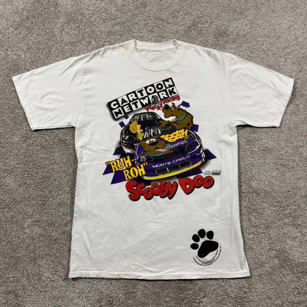 Vintage 1996 Scooby Doo Cartoon Network Wacky Racing T-Shirt White Mens L 90s